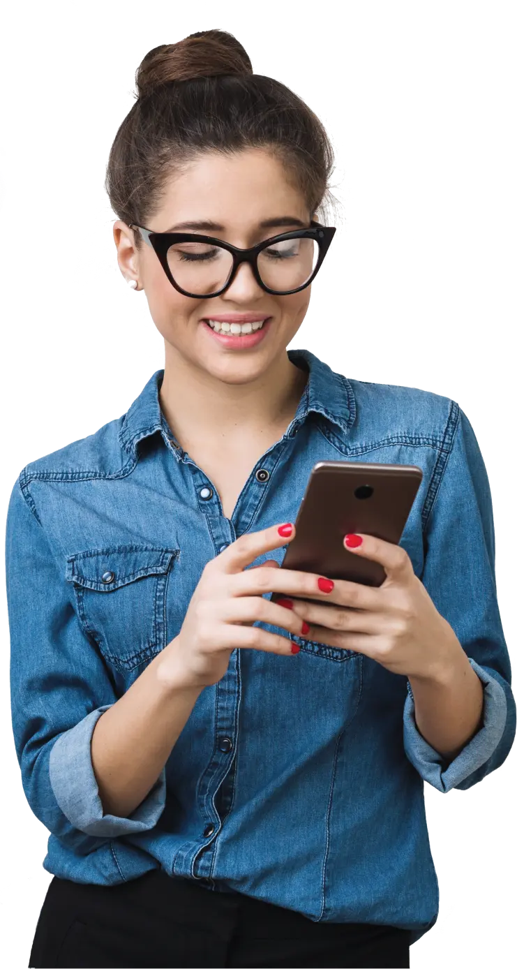 A woman wearing glasses and holding a cell phone.